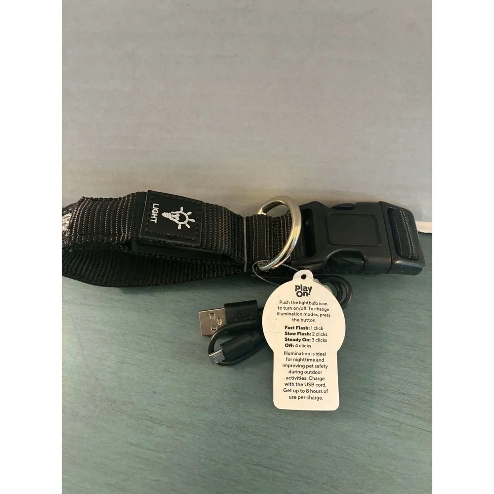 Play On LED Dog Collar Small/Medium Black New USB Rechargeable Light Up Safety